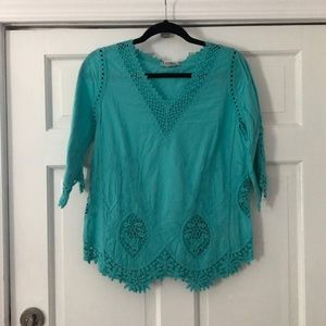 Miss Kelly Mint Crochet V-Neck 3/4 Sleeve Top S